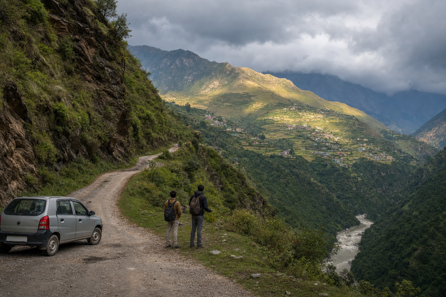 A narrow mountain road curves from the Alaknanda valley toward terraced villages beneath changing Himalayan clouds.