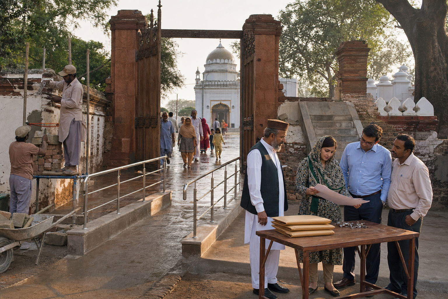 Community representatives and officials oversee repairs at a reopened historic religious site while local families approach through its restored entrance.