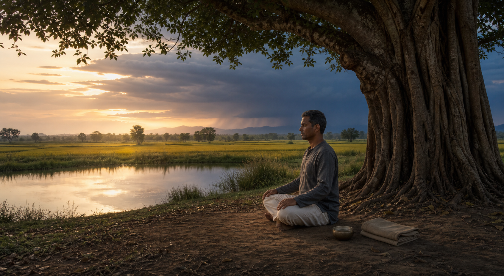 A person meditates beneath a banyan tree at dawn as storm clouds gather beyond a still pond.