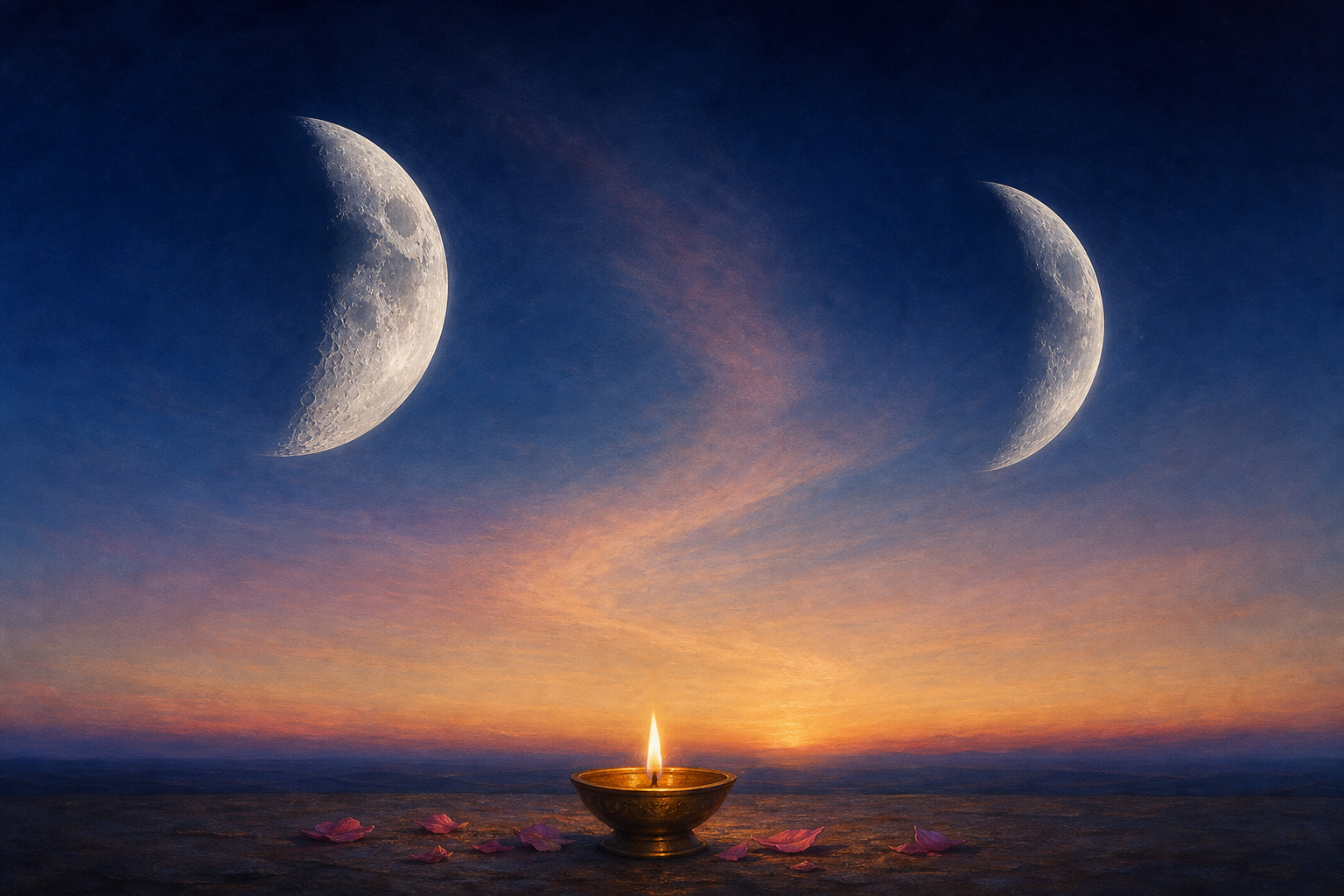 Two waning moon forms above a predawn horizon, with a brass oil lamp and flower petals below.