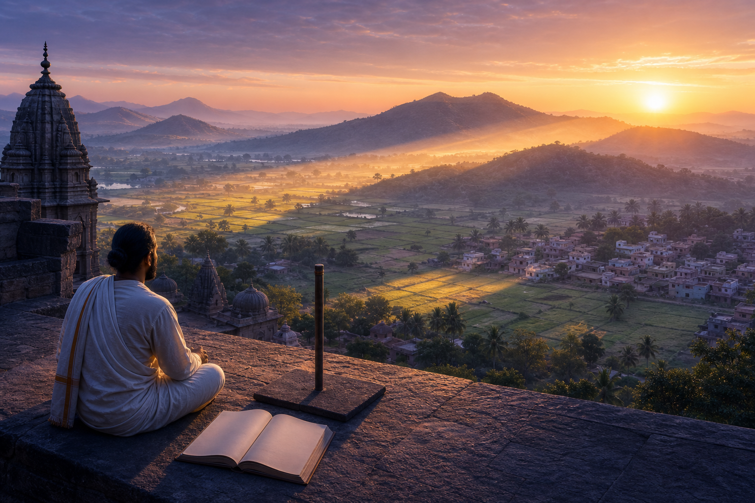Sunrise light moves across a temple, village, fields, and hills while an observer watches an unmarked shadow instrument beside an open almanac.