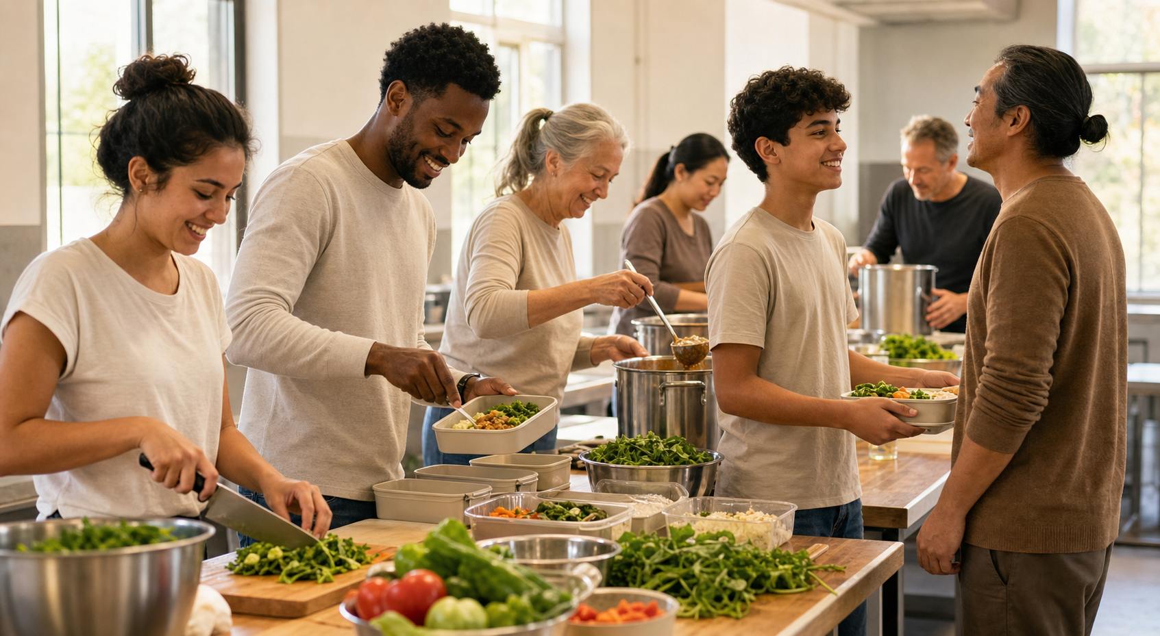 People of different ages prepare, pack, and serve meals together in a bright community kitchen.