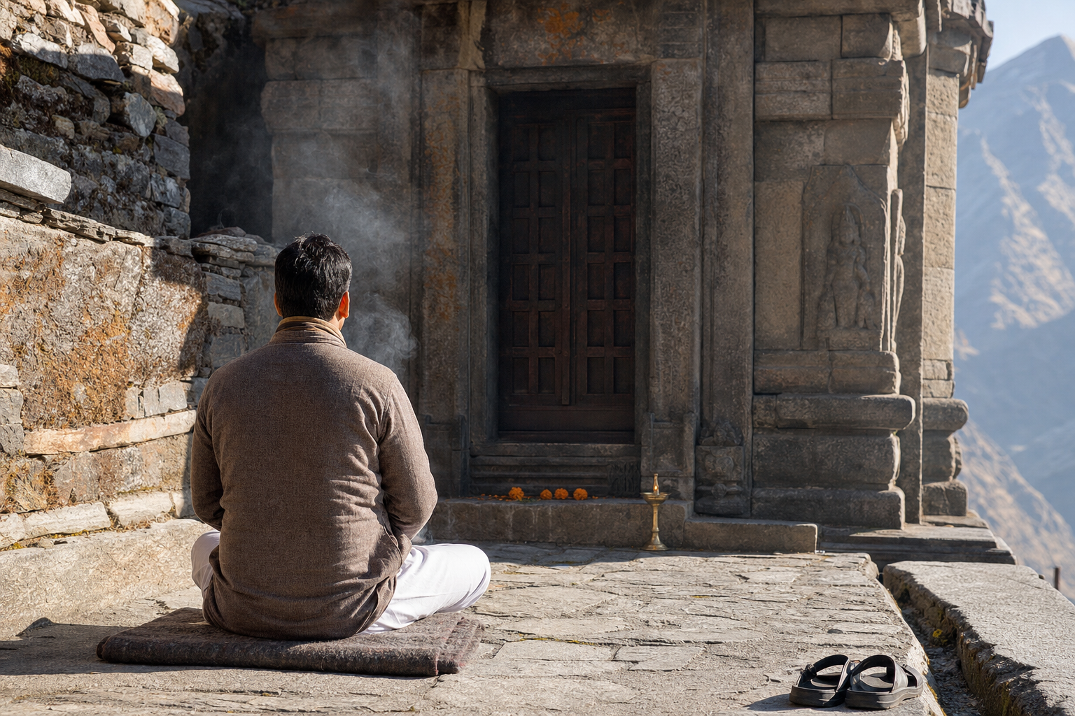 A pilgrim sits in meditation in a quiet stone temple courtyard with footwear placed at the edge.