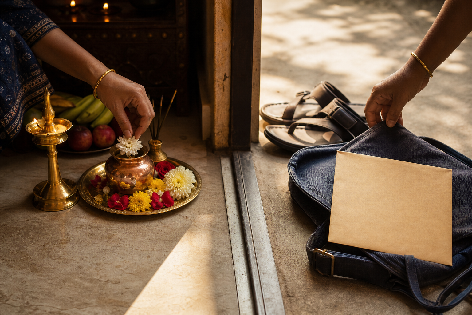 Hands complete a small puja beside flowers and a brass lamp, while travel sandals, a satchel, and a blank sealed envelope wait nearby.