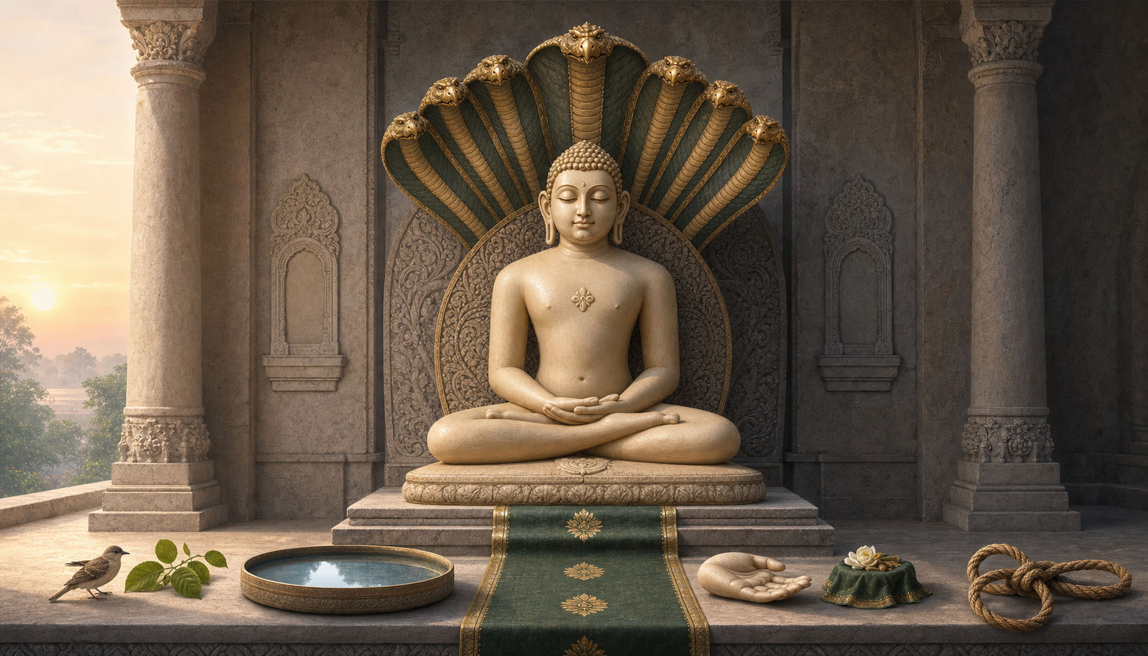 Parshvanatha meditates beneath a seven-hooded serpent canopy, surrounded by four symbolic motifs representing ethical restraint.