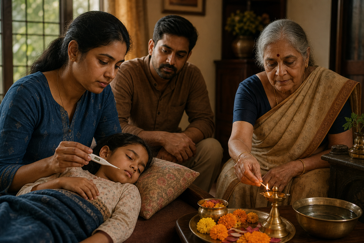A parent checks a resting child's temperature while a grandparent lights a small oil lamp beside marigold petals in a South Asian home.