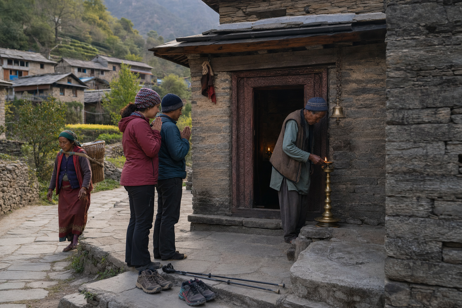 Pilgrims wait respectfully outside a village shrine while a local caretaker tends a brass lamp.