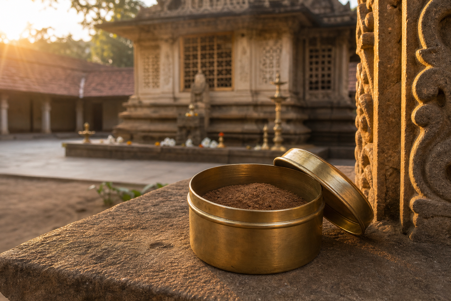 A small brass container of brown earth stands before a stone Brindavana shrine in a quiet monastery courtyard.