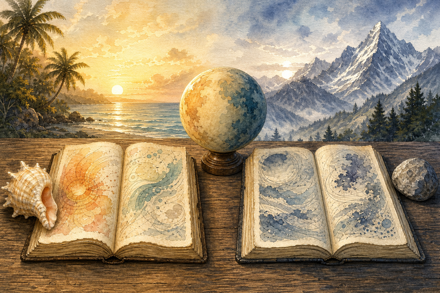 Two open almanacs sit beside coastal and mountain objects, with an unmarked globe between them under contrasting light.