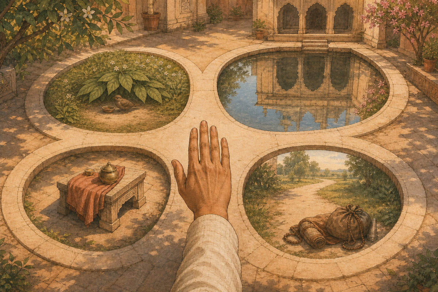 A hand pauses where four interconnected paths symbolize non-harm, truthfulness, not taking what is unoffered, and non-attachment.