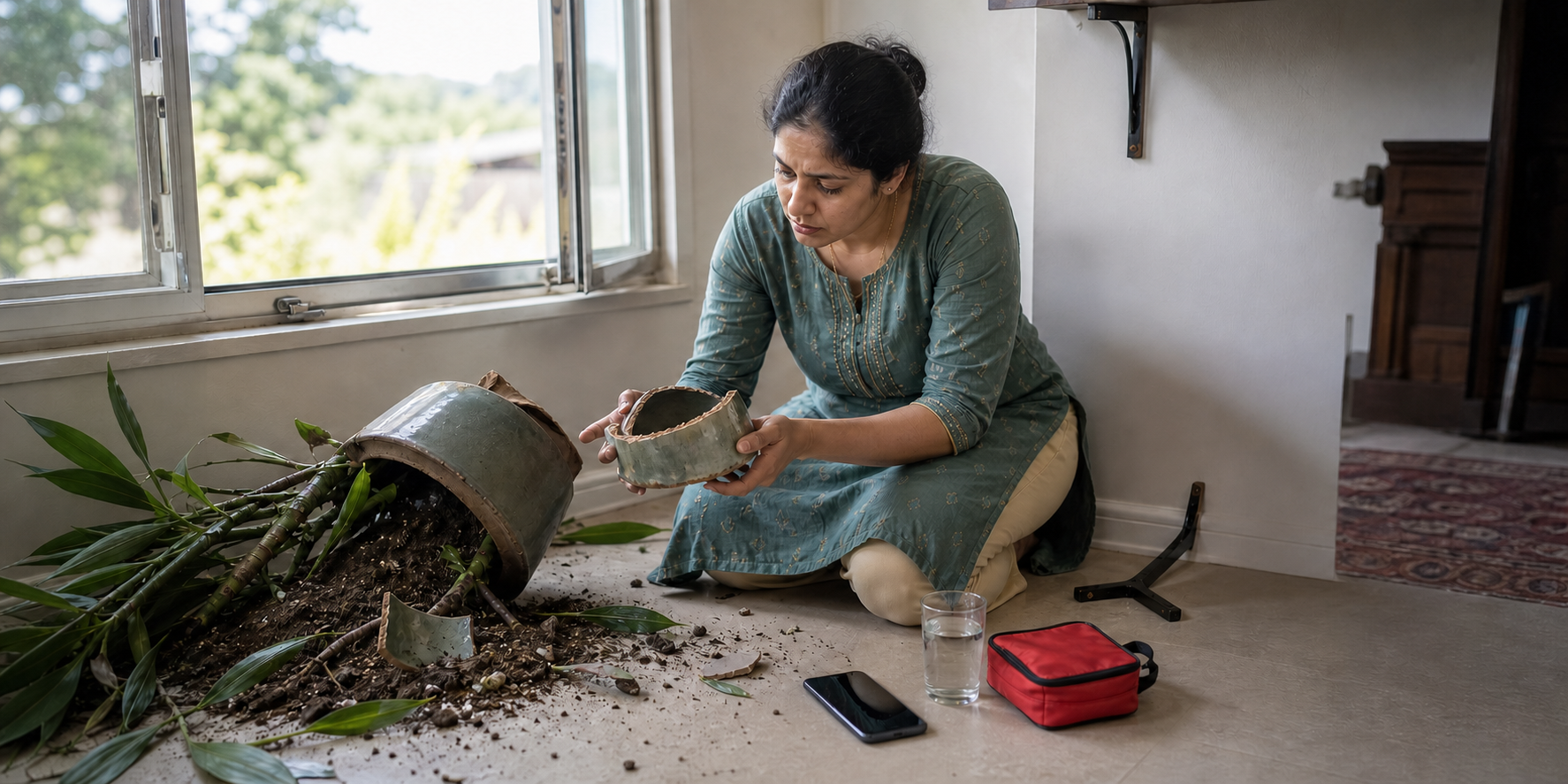 A woman examines a fallen plant, cracked pot and loose shelf bracket beside an open window.