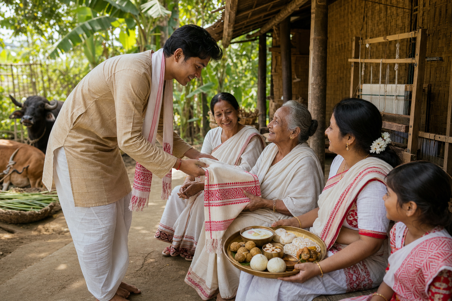 An Assamese family offers a red-and-white gamosa to an elder and shares pitha and jolpan in a courtyard, with a loom and cattle nearby.
