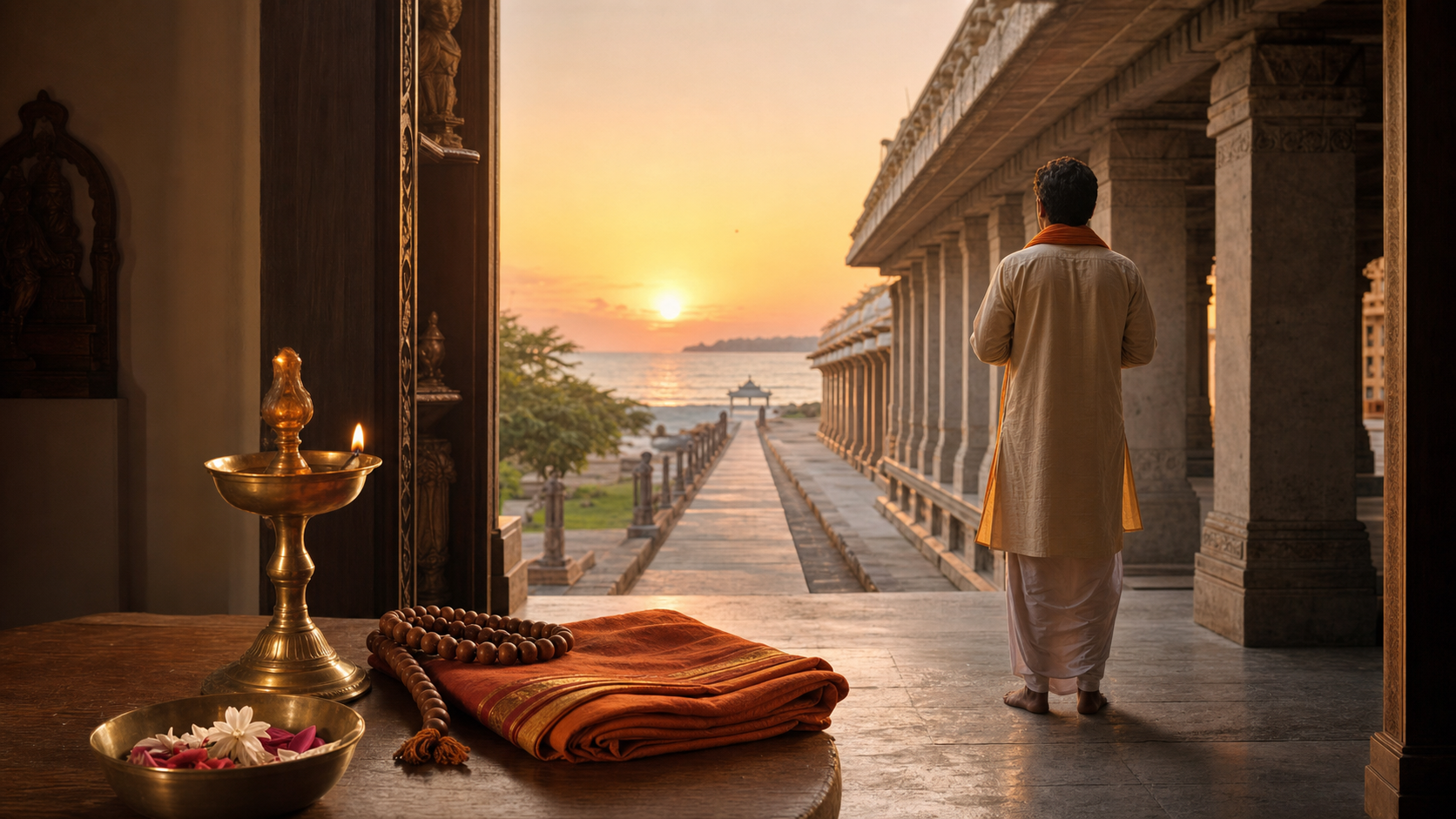 A barefoot pilgrim faces a path leading from a home prayer setting with a lamp and flowers toward a South Indian temple corridor and the coast.