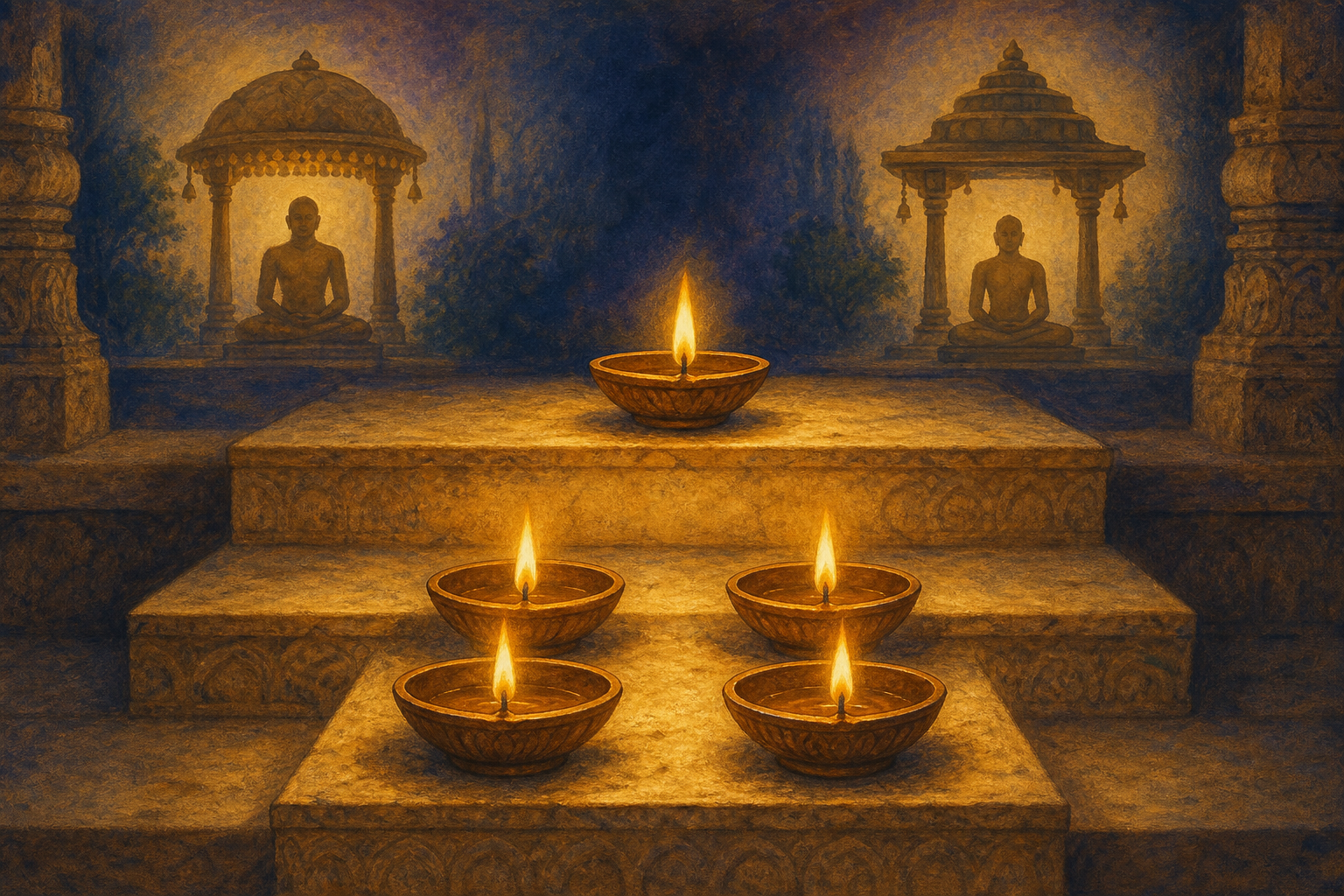 Four oil lamps and a fifth elevated lamp cast one continuous light beside two distant meditating figures.