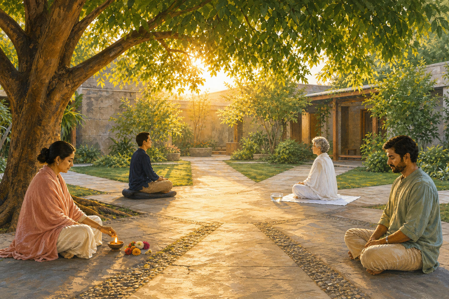 Four people sit in quiet reflection in different areas of a peaceful courtyard beneath a shared tree canopy.