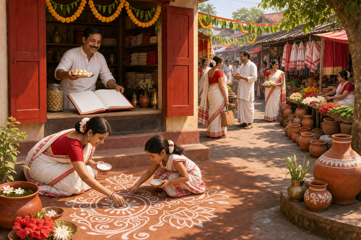 People refresh a white alpana in a Bengali courtyard while a nearby shopkeeper welcomes customers with sweets and a new red account book.