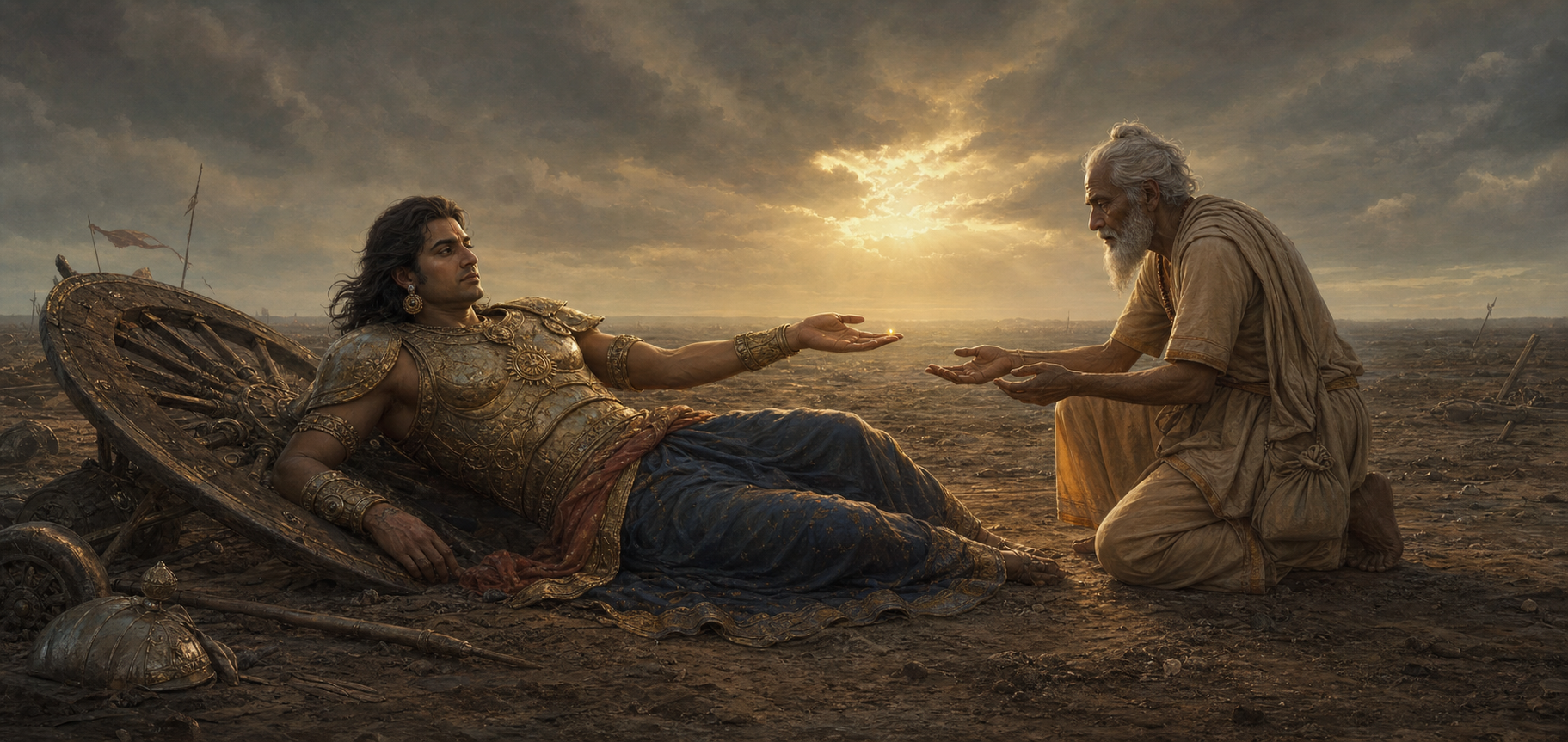 Wounded Karna offers a small piece of gold to an elderly mendicant beside a broken chariot wheel at sunset.
