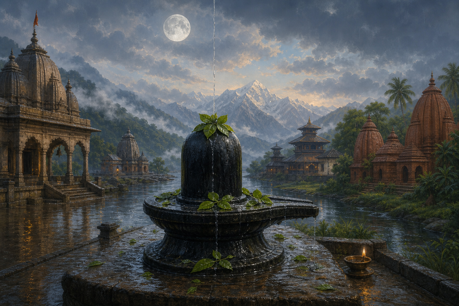 A Shiva lingam with bilva leaves stands beneath a luminous moon, surrounded by monsoon landscapes and temple architecture representing four regions.