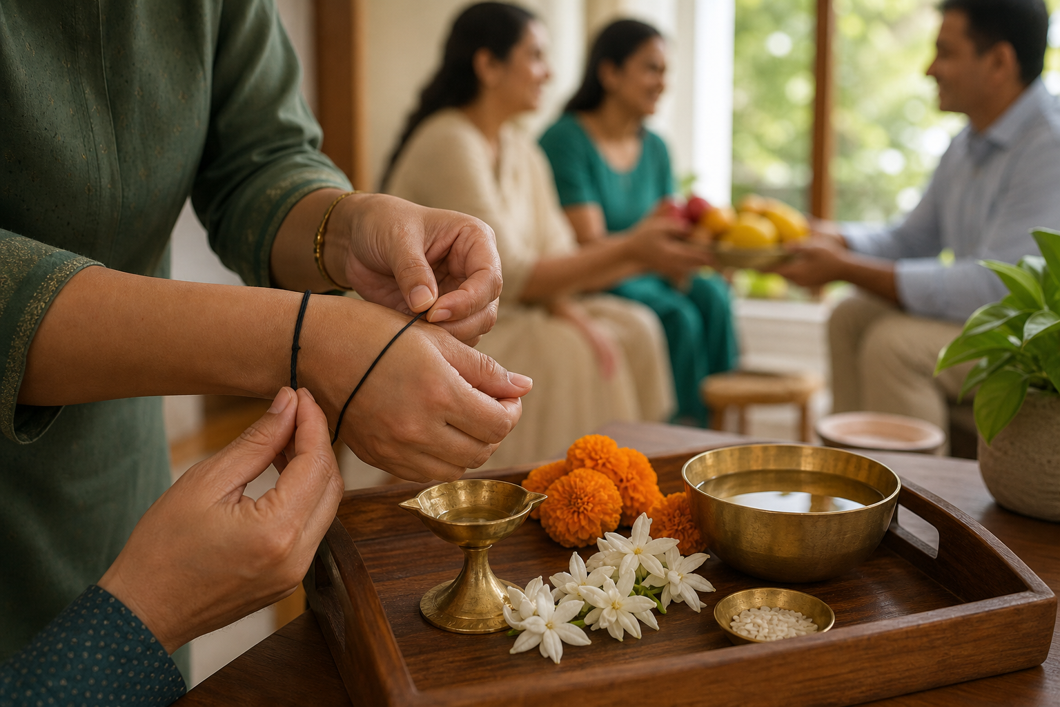 Hands arrange a lamp, flowers, water and rice while a simple black cotton thread is tied around an adult wrist.