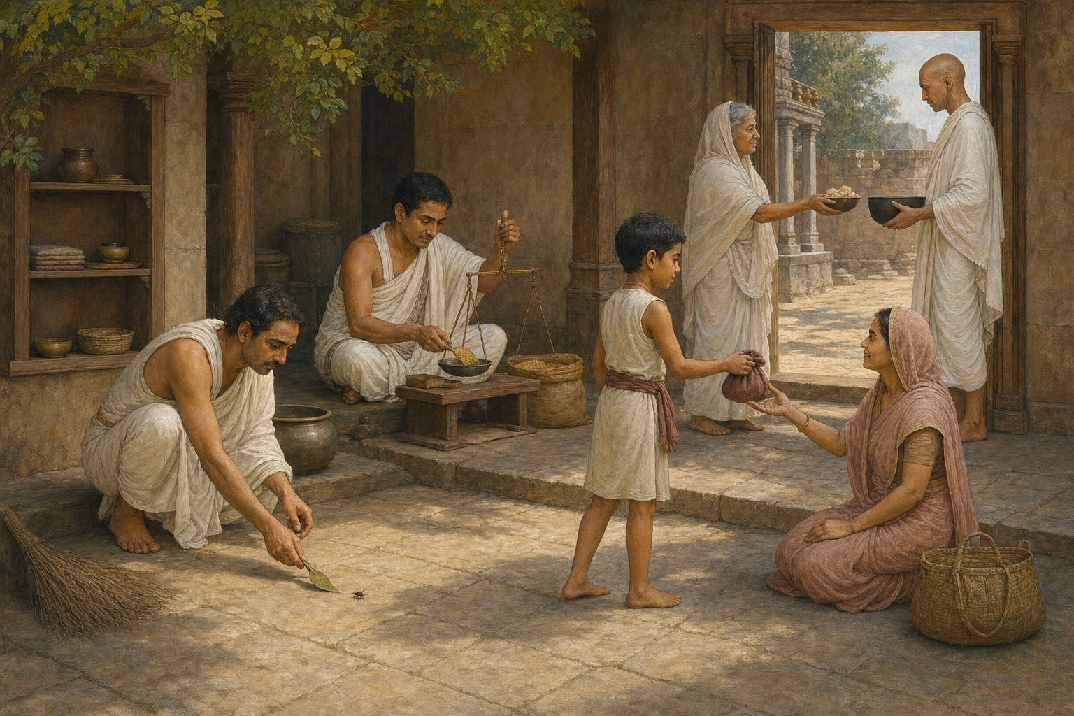 A Jain household practices care for living beings, honest exchange, returning property, modest possessions, and respectful almsgiving.