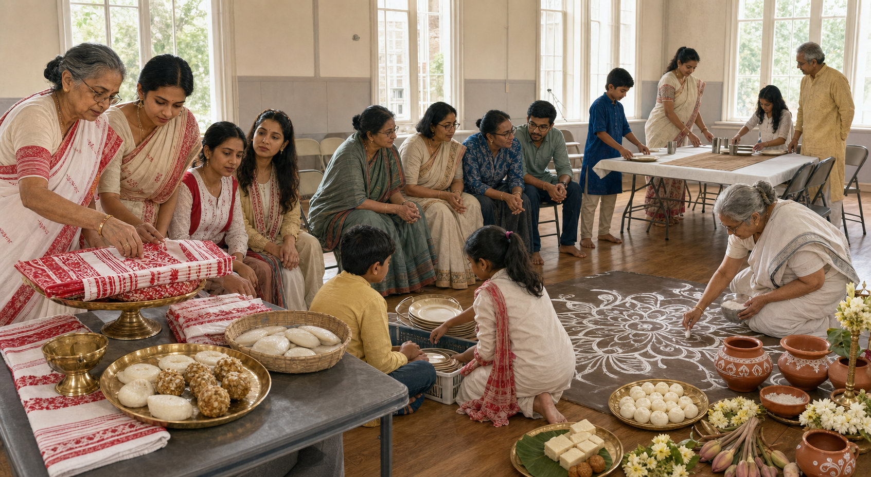 Assamese and Bengali elders guide volunteers at separate preparation tables during a diaspora community celebration in a multipurpose hall.