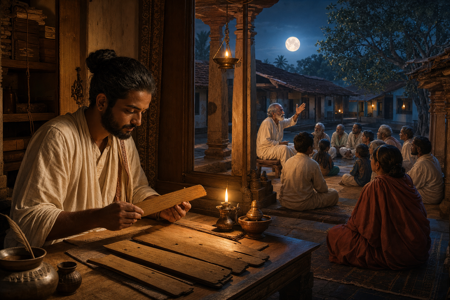 A scribe studies palm-leaf manuscripts indoors while an elder tells a story to families in a moonlit courtyard beyond.