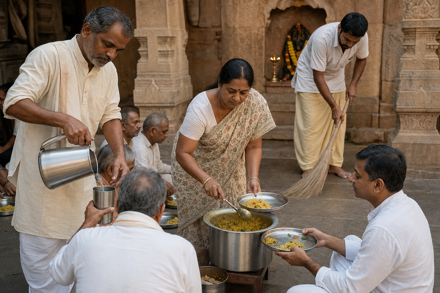 Devotees serve a vegetarian meal, offer water, and sweep a temple courtyard as acts of community service.