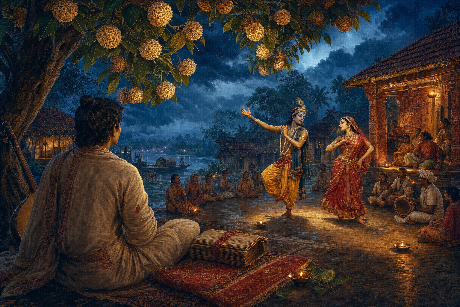 An imagined medieval Bengali courtyard performance of Radha and Krishna's story, with a poet-singer, manuscript bundle, musicians, oil lamps, and monsoon landscape.