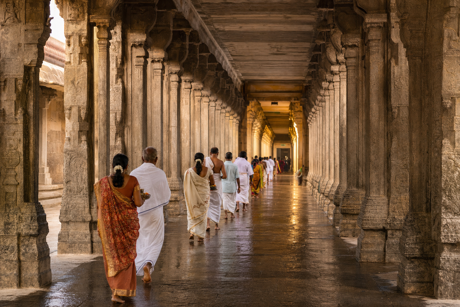 Barefoot pilgrims carrying small offerings walk through the long carved stone corridor of Ramanathaswamy Temple at dawn.