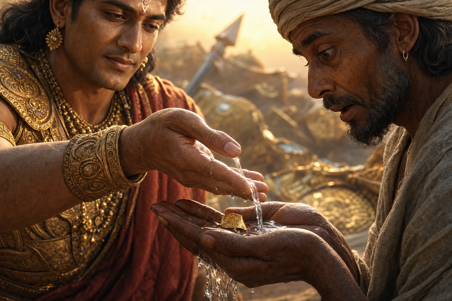 Karna places a small gold fragment into a petitioner's cupped hands as water flows over the gift.