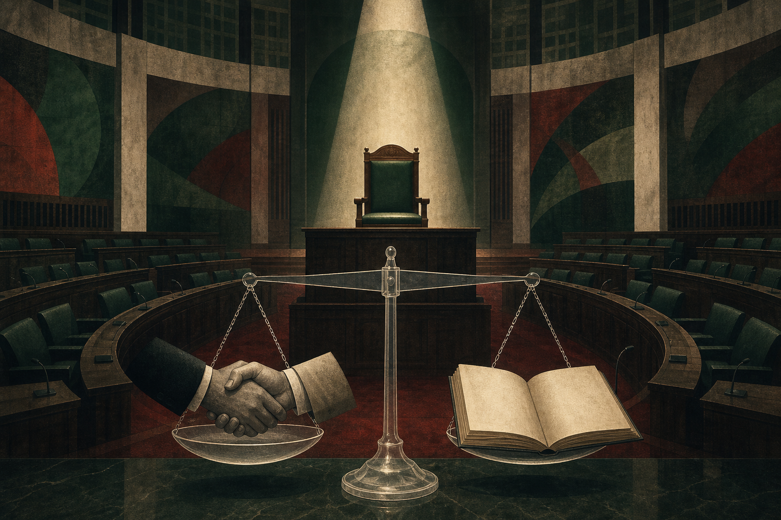 Editorial illustration of an empty parliamentary chair behind scales balancing a handshake and an open ledger.