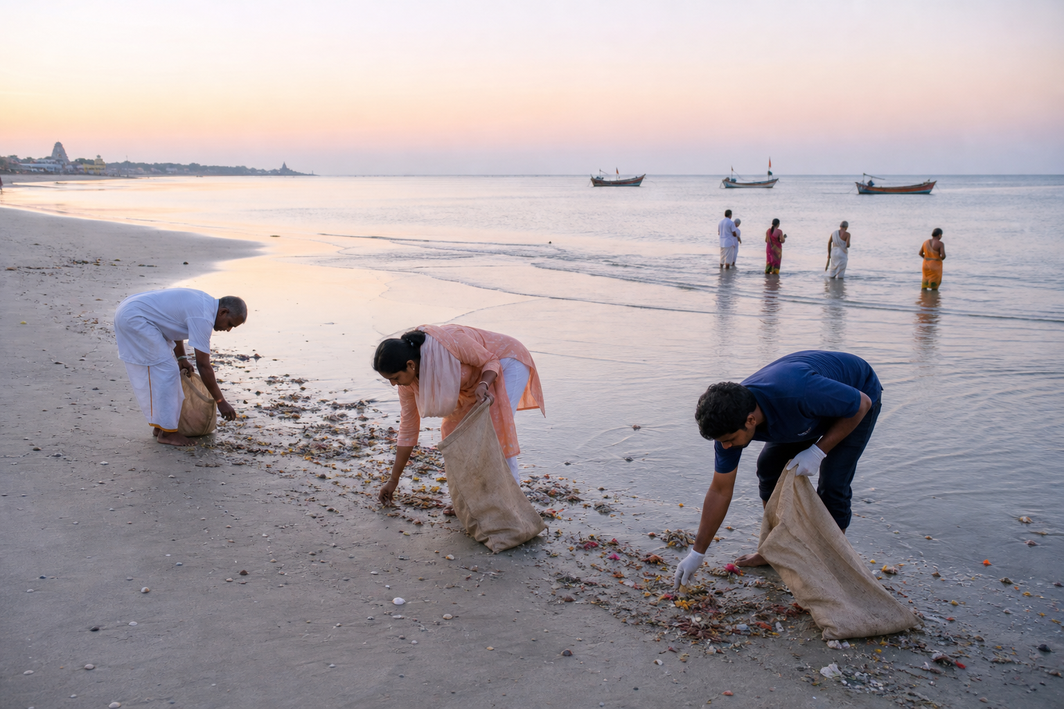 Pilgrims and a volunteer collect litter in cloth sacks beside devotees standing at the calm Rameswaram shoreline at sunrise.