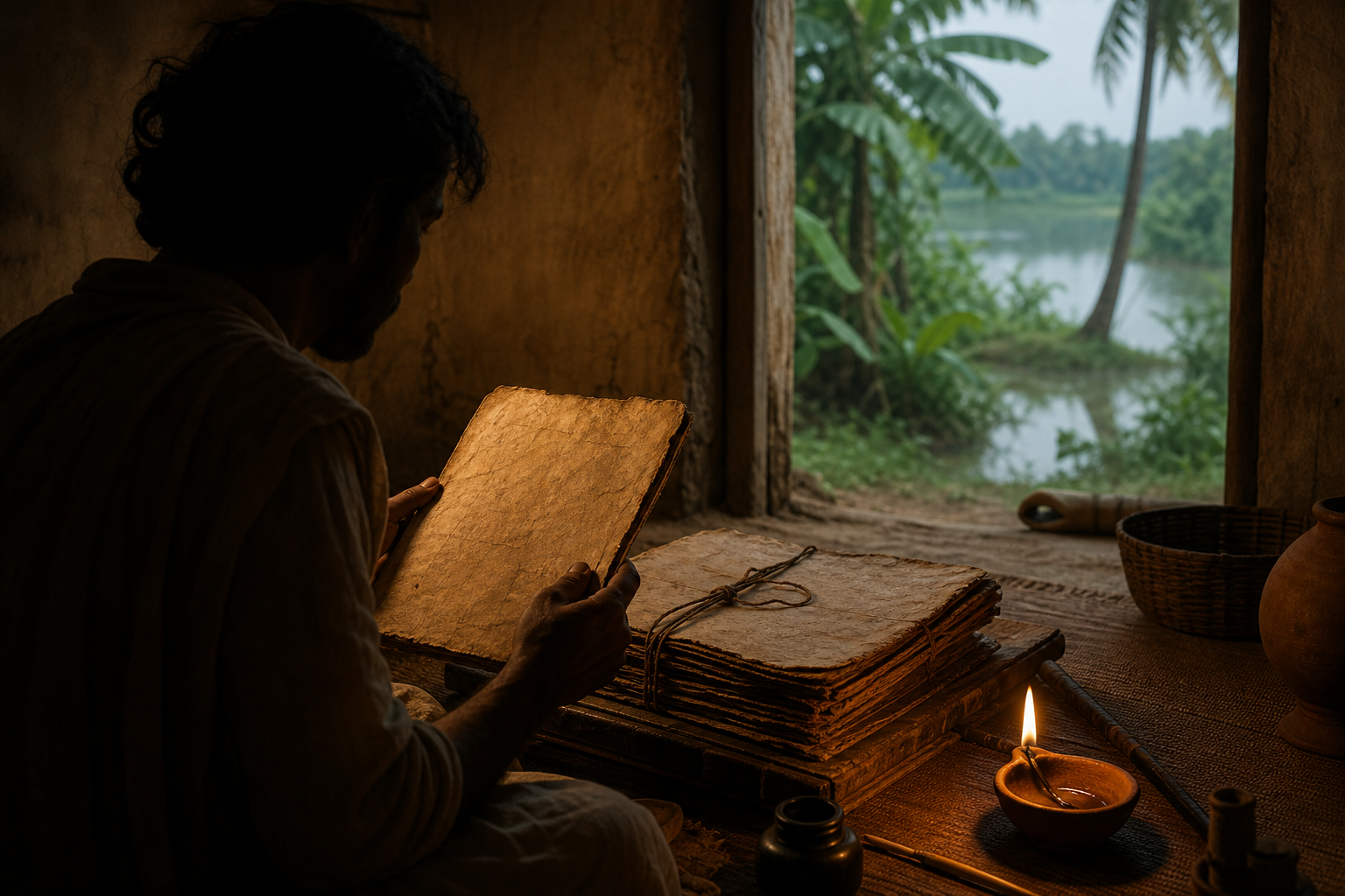 An anonymous medieval Bengali poet in shadow studying an aged manuscript bundle beside an oil lamp in an earthen room.