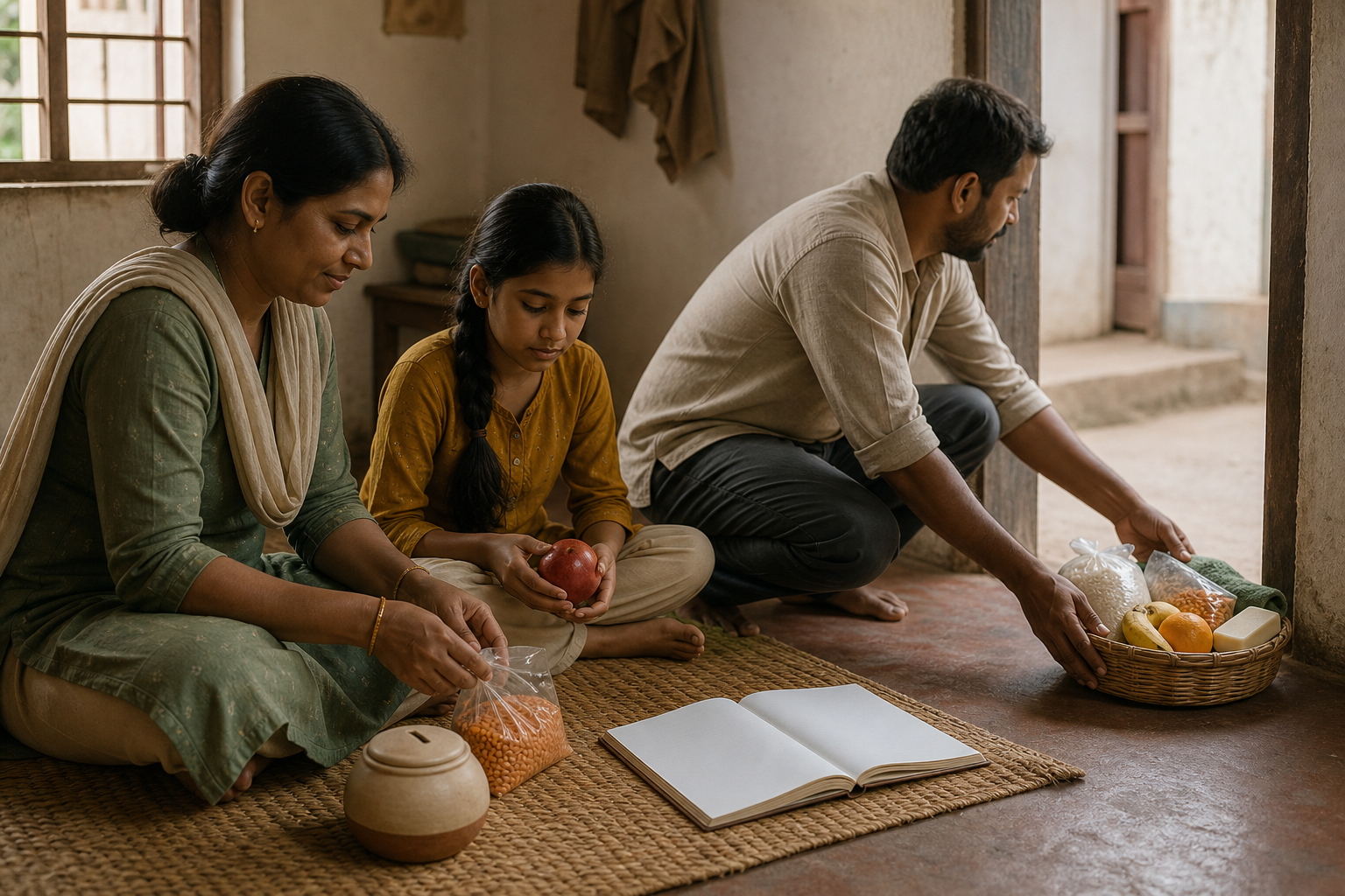 A family assembles a donation basket of food, soap, and folded cloth in a sunlit home.