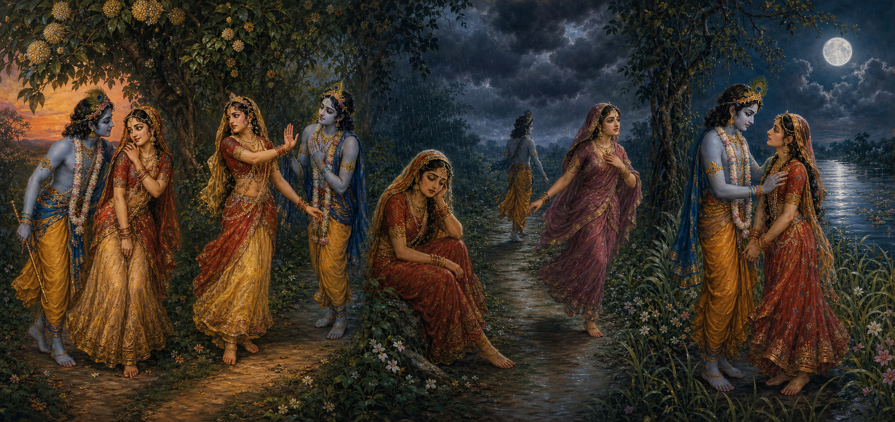 A panoramic sequence shows Radha and Krishna moving through teasing, resistance, separation, mediation, and reunion in a Bengal grove.