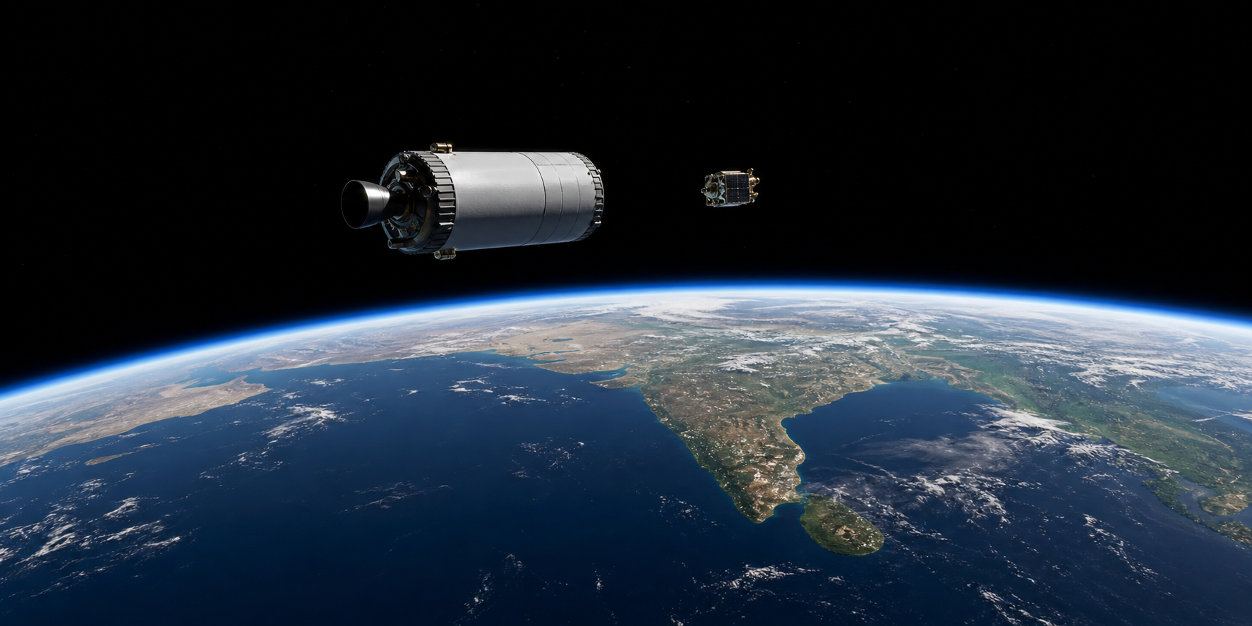 A satellite separates from a small rocket upper stage above Earth's curved horizon and the Indian Ocean.
