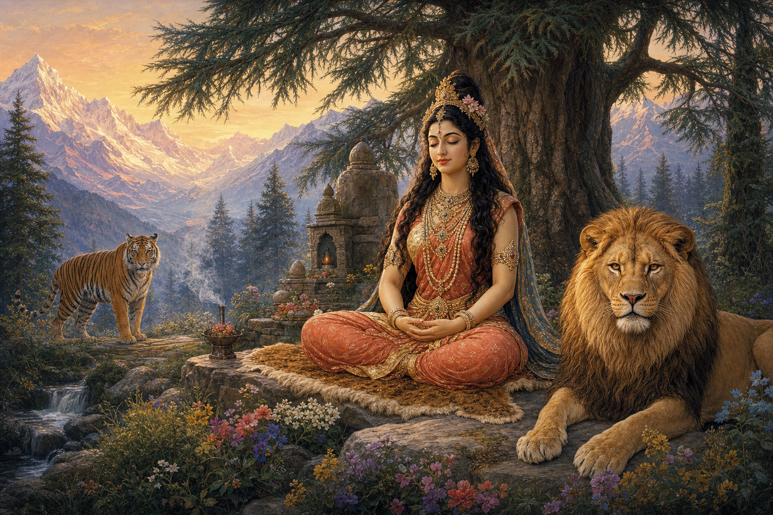 Parvati meditates in a Himalayan forest hermitage with a tiger guarding the sanctuary and a lion standing as a divine companion.