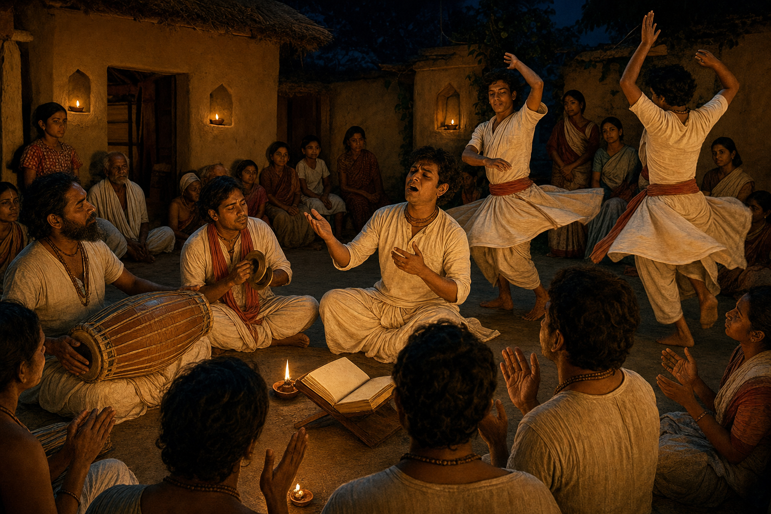Singers, drummers, dancers, and listeners gather around oil lamps for a devotional performance in a Bengali village courtyard.