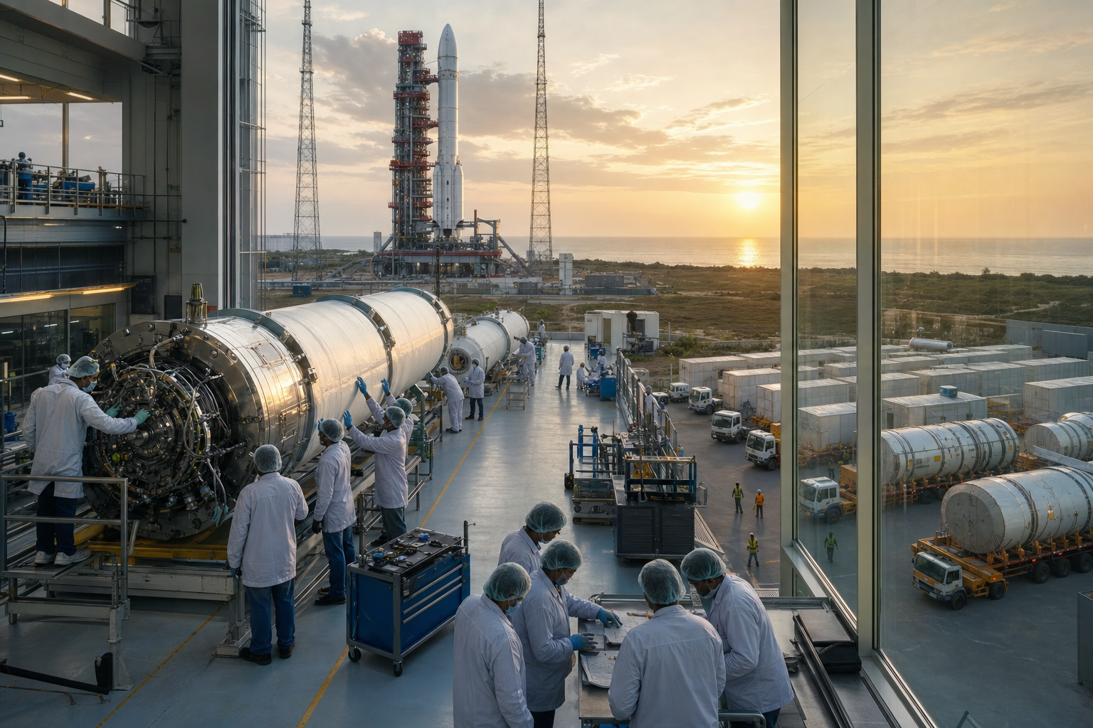 Indian aerospace technicians inspect rocket hardware while another vehicle is prepared at a coastal launch pad.