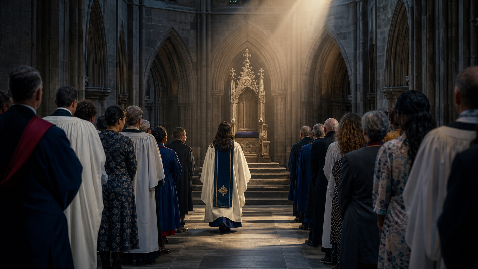 A woman Anglican cleric seen from behind approaches an ancient stone chair in a Gothic cathedral while clergy and lay worshippers stand on both sides of the nave.