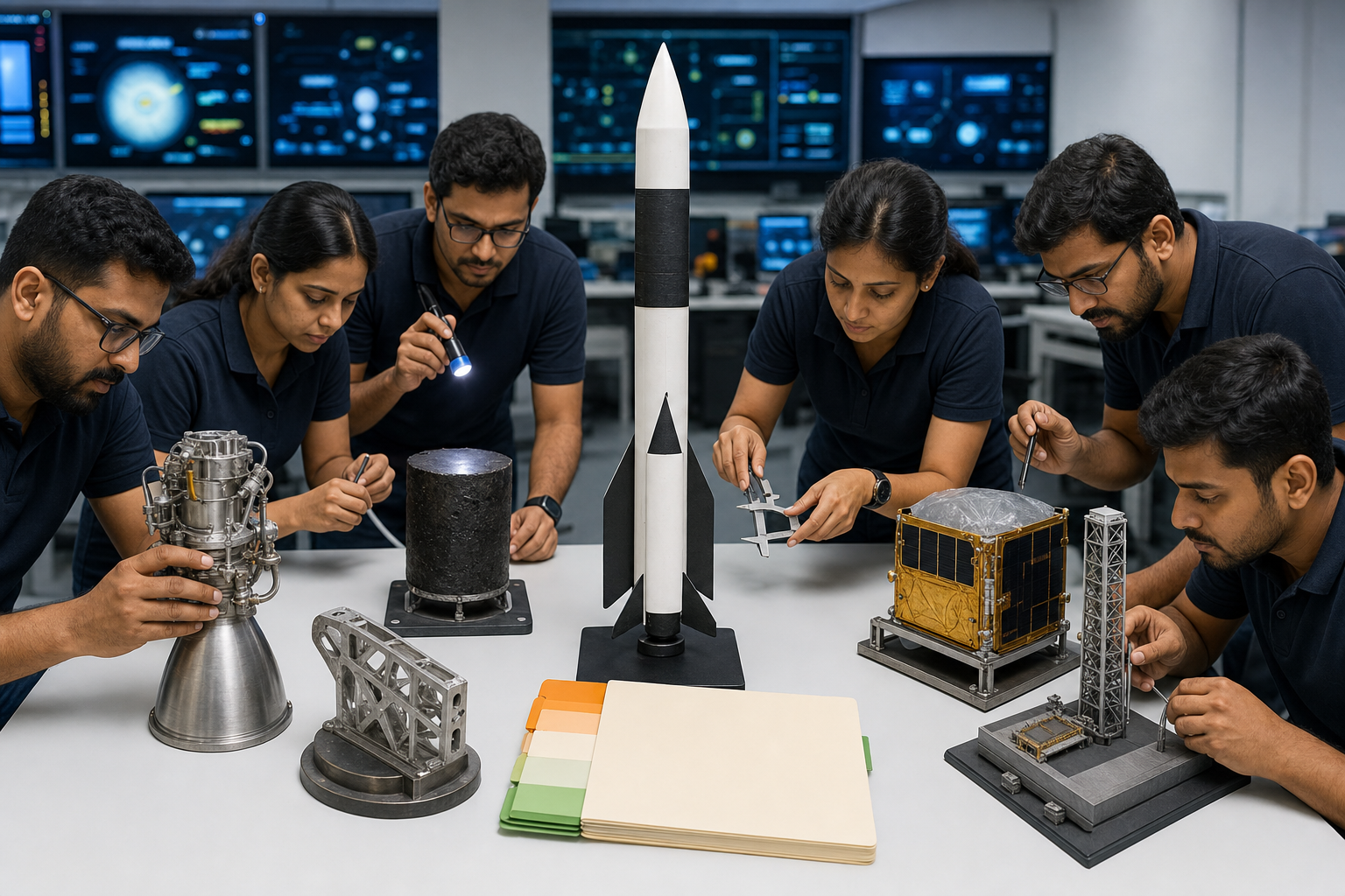 Engineers examine six groups of rocket, payload, manufacturing, testing, and launch-operations hardware in a mission review room.