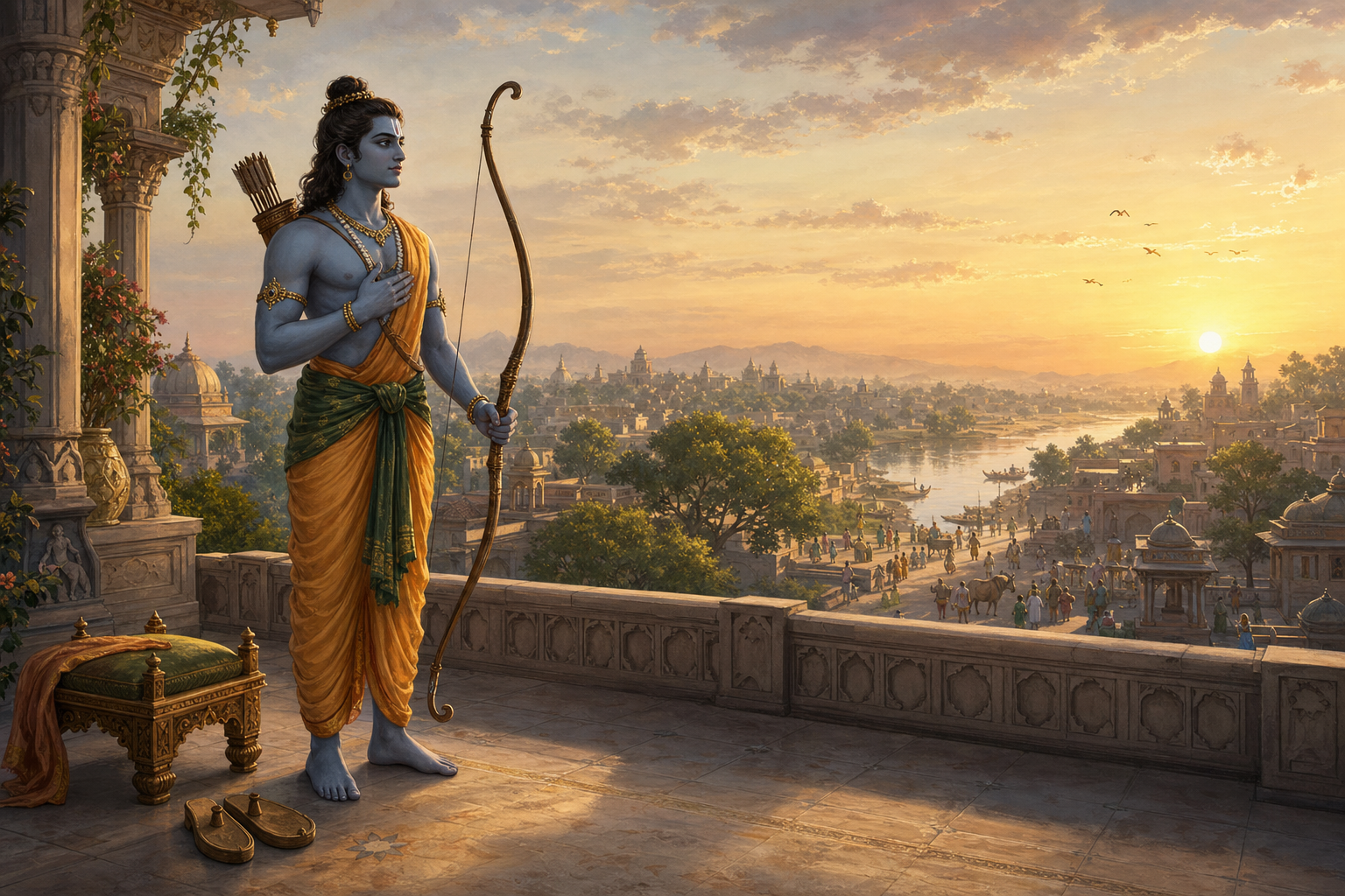 Rama stands with a resting bow on a palace terrace at sunrise, overlooking a city beside a river, with an empty seat and sandals nearby.