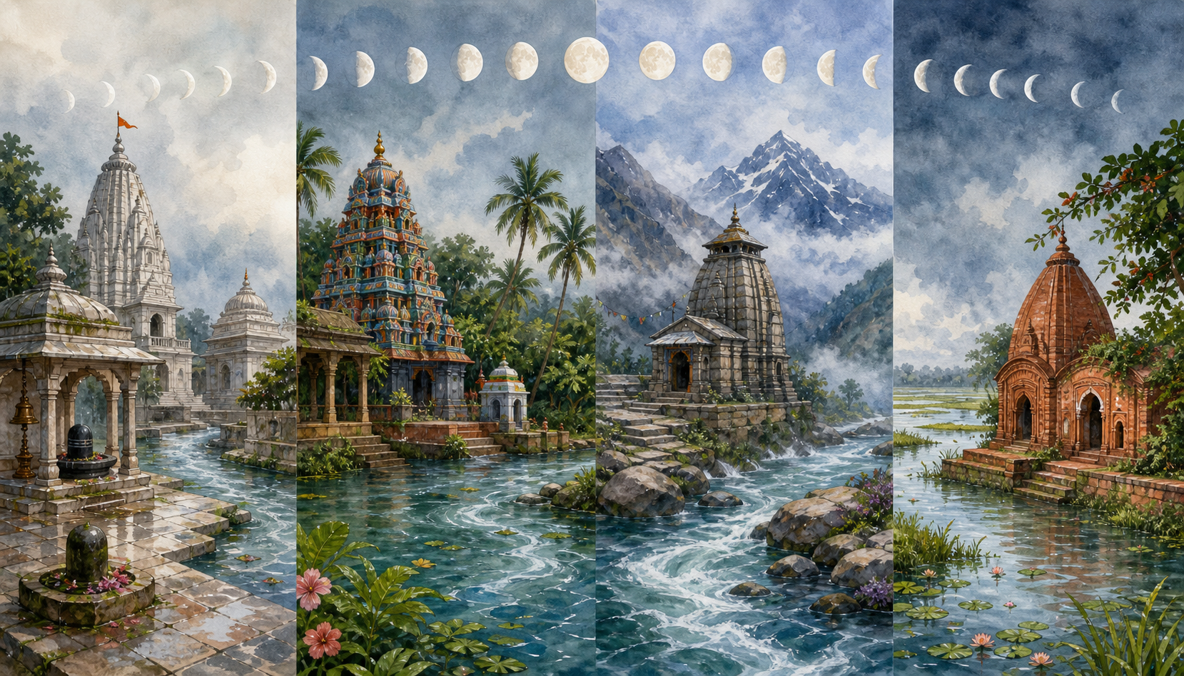 Four connected monsoon landscapes show North Indian, western and southern, Himalayan, and Bengali temple settings beneath the same moon.
