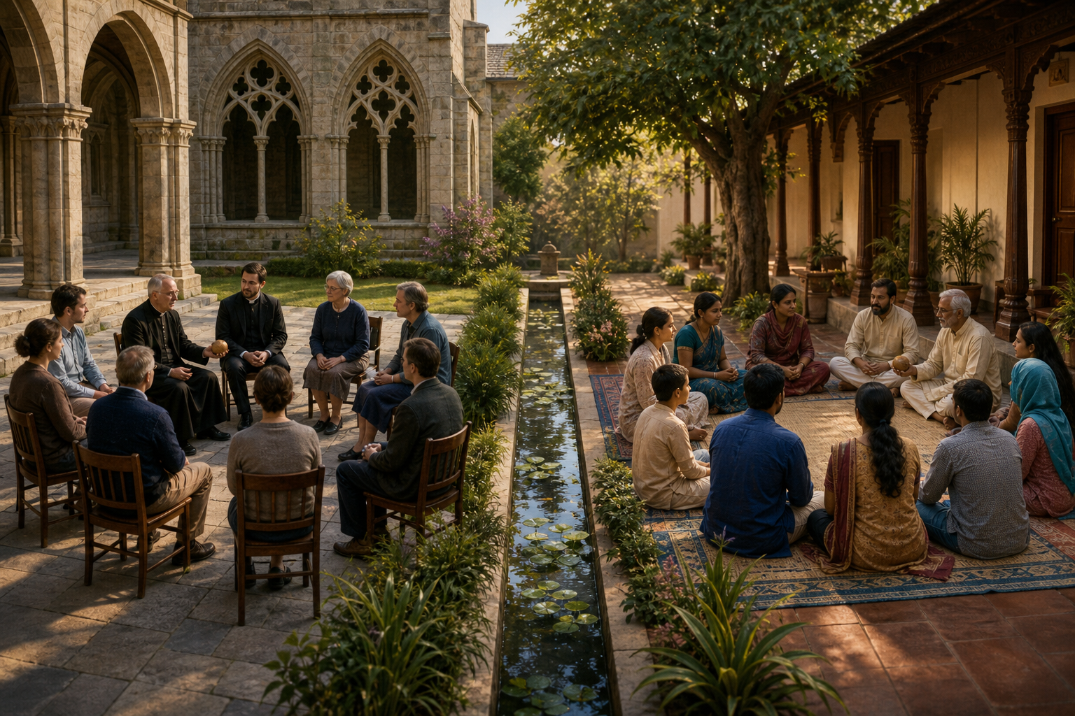 Four connected cloister arches frame a parish discussion, a bishops' consultation, an international meeting, and a community garden project.