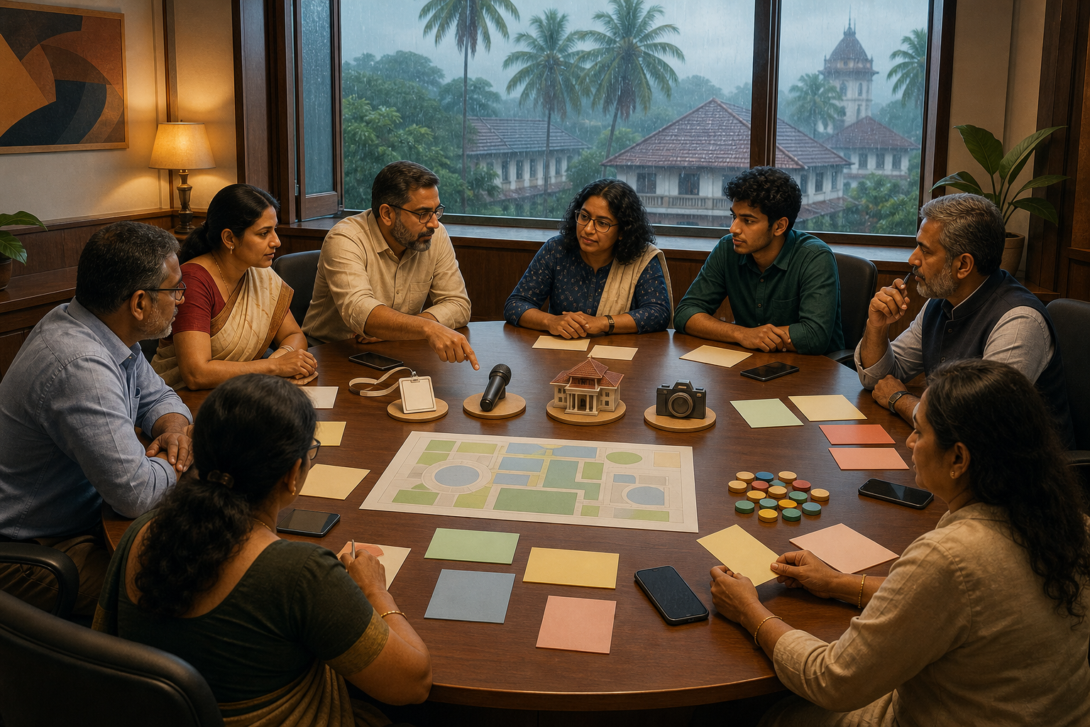 University representatives review blank protocol materials around a meeting table while monsoon rain falls outside a Kerala campus building.