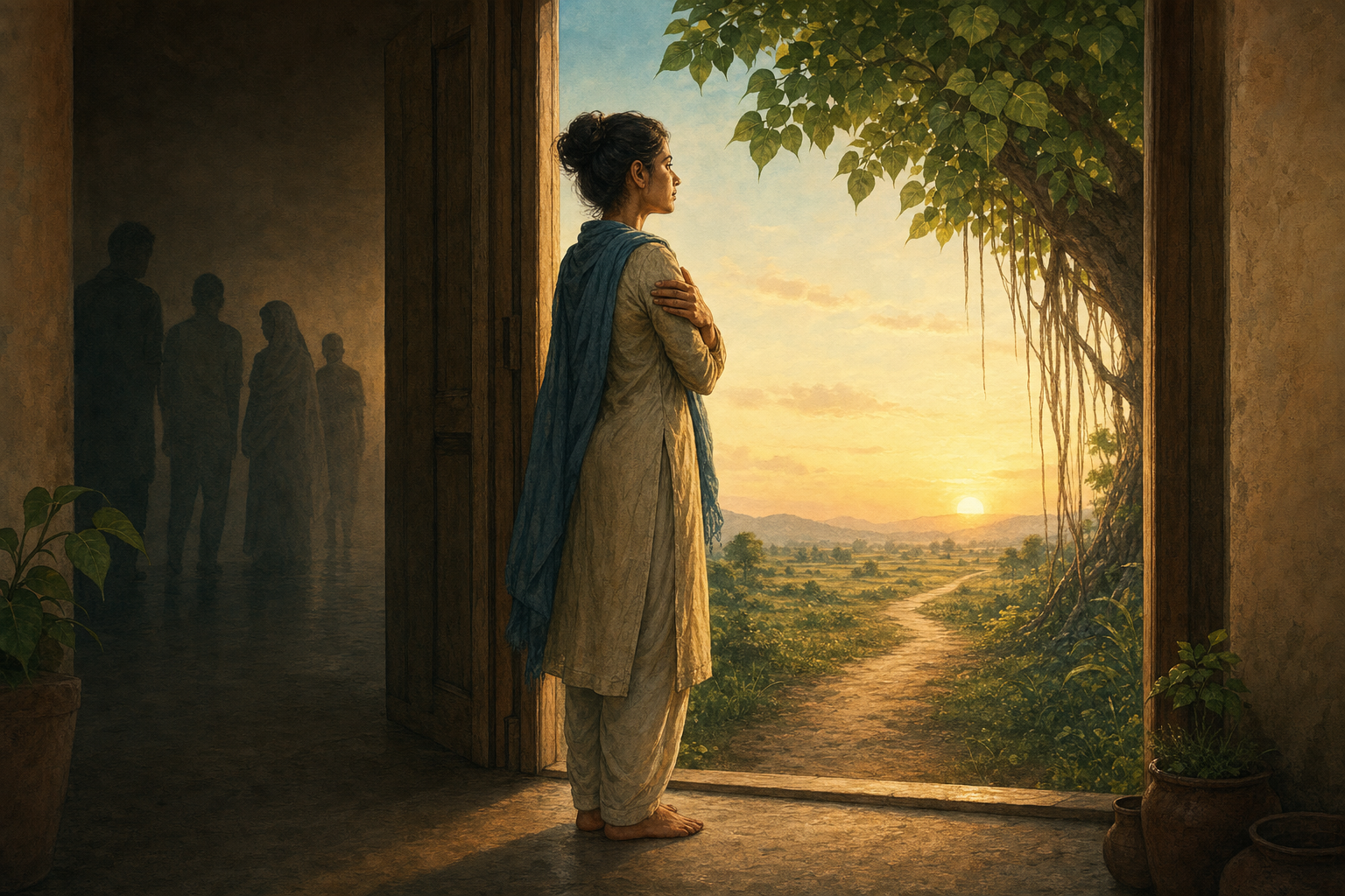 An adult stands at a house threshold at dawn, holding their shoulders as shadowy figures recede inside and a sunlit path opens ahead.