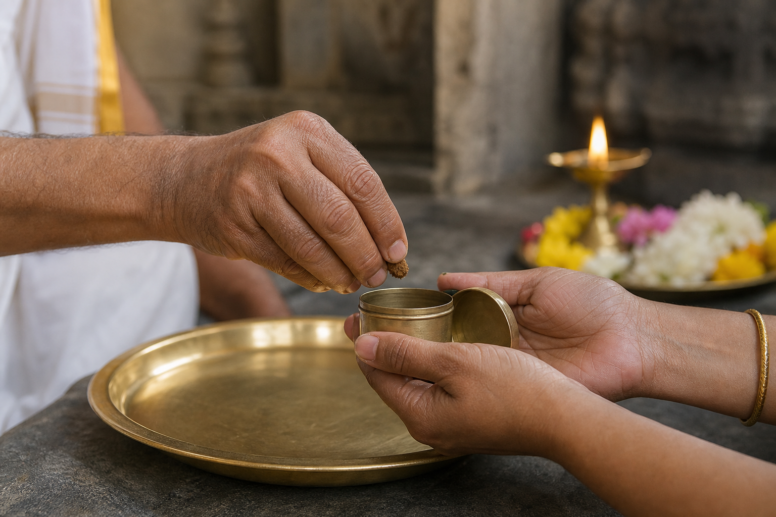 An attendant's hands carefully transfer a small amount of earth into a devotee's plain container over a brass tray.