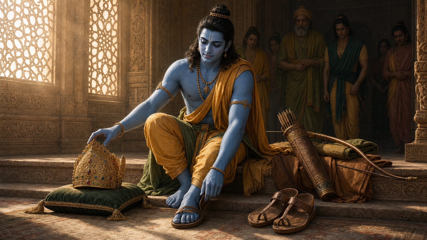 Rama sits in a palace chamber beside his bow, setting aside a crown and putting on plain sandals for the forest journey.