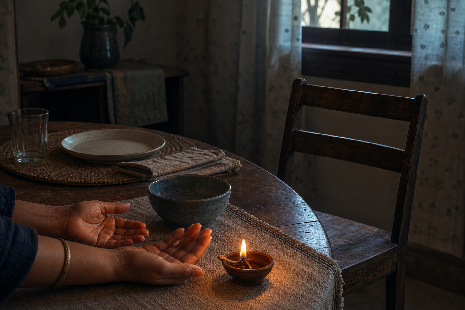 An empty chair and unused bowl sit at a dining table while a person's hands rest beside a small lit clay lamp.