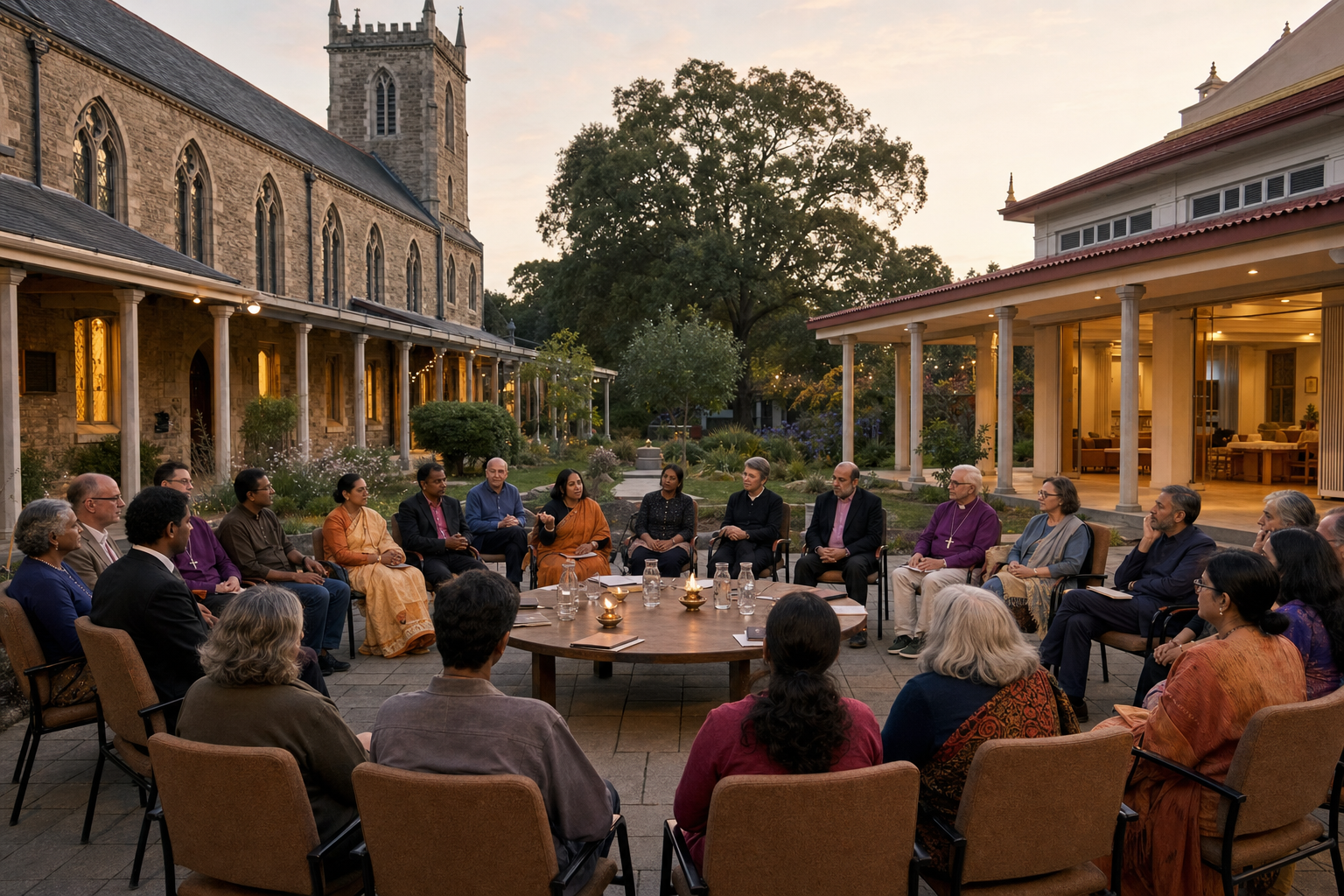 Anglican and Dharmic participants listen to one another in a courtyard between a stone church and a South Asian community hall.